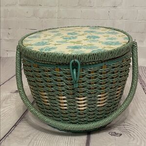 Vintage Dritz Japan Green Weaved Sewing Basket with Floral Lid